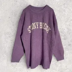 ニット　Ｌ　パープル　長袖　セーター　丸首　ロゴ　ゆったり　体系カバー