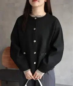 ブラック メタルボタンニットカーディガン/ニットジャケット