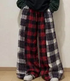 古着リメイク チェック柄 ワイドパンツ イージーパンツ