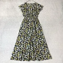 コカ　花柄　フレンチスリーブ　ロングワンピース　フレア　総柄　黒　黄色