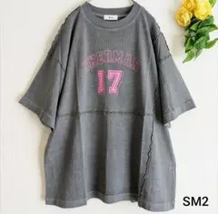 新品　ピグメント加工メロー切替ロゴプリントTシャツ　チャコール　SM2のサムネイル