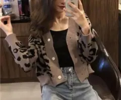 レオパード柄 ニットカーディガン ヒョウ柄 Vネック