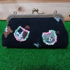 がま口ポーチハンドメイド❣️☘️めがねケ－ス☘️ コットンリネン猫刺繍❣️☘️