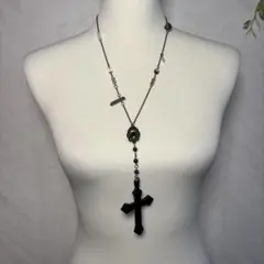 フェアリーグランジy2kゴスロリ　バラカメオガラスビーズ十字架ロザリオネックレス