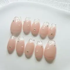 ネイルチップ　クリアフレンチ　水面　透明　ピンクベージュ　春　夏　オーダー　無料
