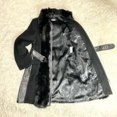 【MAX&Co.】黒ロングコーファー×レザー切替 ベルト付き ラビットファー付き