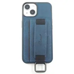 iPhone14 ケース スマホケース カードポケット レザー風 リング ブルー