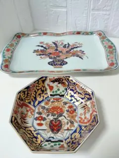 波佐見焼　林九郎窯　極美品 献上華紋　長角盛皿と金唐草花籠図　八角鉢(菓子鉢) 波佐見焼 林九郎窯 極美品 献上華紋 長角盛皿と金唐草花籠図 八角鉢