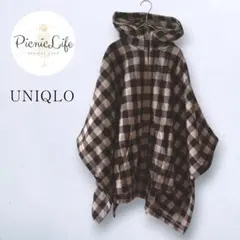 美品【ユニクロ】チェックフリースポンチョ フード付きケープコート アウター