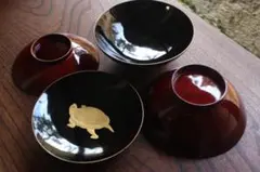 小傷あり！時代金縁溜塗に優美な亀蒔絵の映える大椀2点（検輪島塗雑煮椀