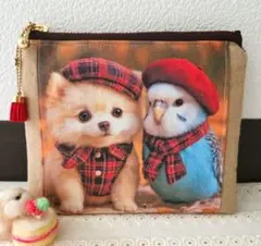 ハンドメイド ポメラニアンちゃんインコちゃんミニポーチU^ェ^U(゜∈゜　)