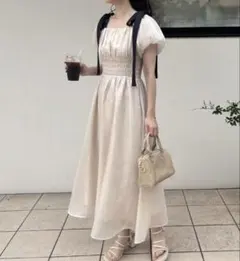 背中あき配色リボンシャーリングロングワンピ グレー系 NICE CLAUP