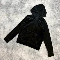 『UNIQLO』ユニクロ　フルジップパーカー　長袖　ベロア調　フード　綿　黒　L