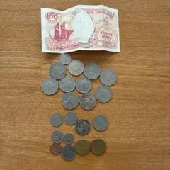 【外国古銭・旧紙幣】インドネシア 100ルピア紙幣 1枚＆ 外国硬貨 21枚のサムネイル
