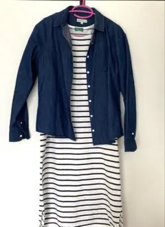 3点セット　earth 薄手デニムシャツ　ボーダーロングワンピース