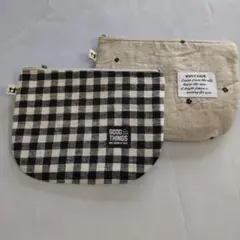 ２点セット麻、リネン、花刺繍 ギンガムチェック柄、生地ポーチ No.141