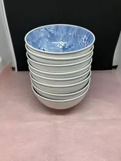 青い花柄 陶器製飯碗 8個セット