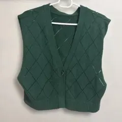 【美品】LOWRYSFARM ダークグリーンニット透かし編みベスト アーガイル柄のサムネイル