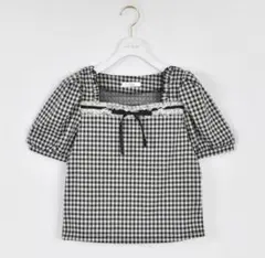 evelyn フリルレースカットトップス ギンガムチェック リボン 半袖トップスのサムネイル