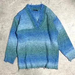 EMODA グラデーション Vネック クラッシュニット F 青系 ダメージ加工