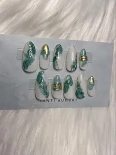 緑のインクネイルに大理石ネイルチップ10個セット