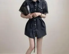 ダークデニム シャツワンピース 半袖