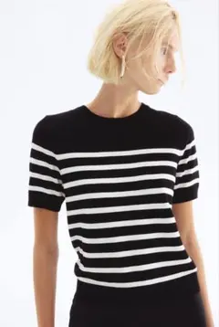 H&M ボーダーニット 半袖 クルーネック ブラック×ホワイト XSサイズ