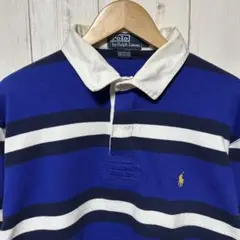 90s ラルフローレン ボーダー ブルー ネイビー 刺繍 ロゴ ラグビー シャツ