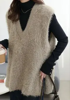 DISCOAT フェザーヤーン Vネックベスト シャギーベスト モカ