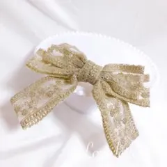 No.305 フラワーレース刺繍リボンバレッタ ベージュ 韓国 量産型 地雷