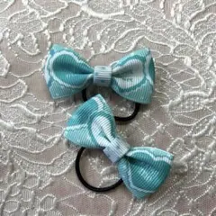 水色と白のストライプリボンヘアゴム2個セット