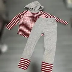 赤と白のストライプフード付きトップスとパンツセット 110