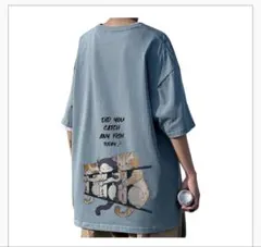 猫プリント 半袖Tシャツ ブルー 2XL