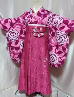 卒業式　学生向き　ピンク系バラ柄 二尺袖着物と袴６点セット