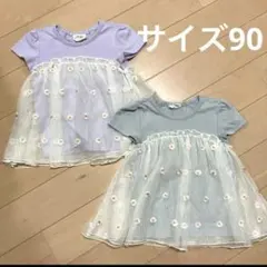 【お揃いコーデ】花柄チュール半袖トップス　チュール付きTシャツ サイズ90