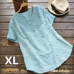 XL花柄刺繍 チュニック ブラウス 半袖 ブルー レース ピンタックシャツ