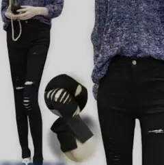 XXL ダメージ スキニーパンツ 穴あき ブラック ストレッチ パンツ