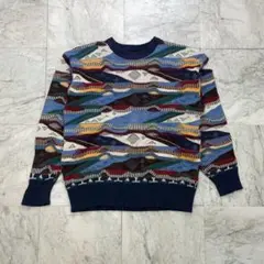 vintage 3Dニット　セーター　マルチカラー　長袖　総柄　Uネック