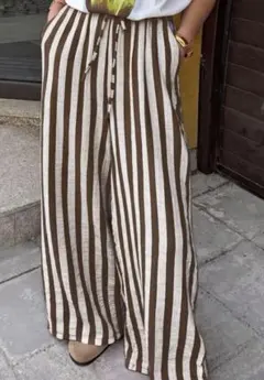 ストライプ柄 ワイドパンツ ブラウン