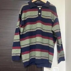 ストライプデザイン 長袖ニット　ボタン付き　レディースニット