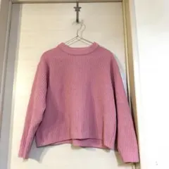 ピンク リブ編み 長袖セーター