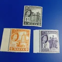 8131 外国切手 マルタ 1956年 エリザベス女王肖像と建築風景 3種凹版