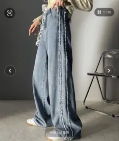 Java サイド フリンジ ワイドルーズ オーバーサイズ デニムパンツ