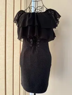 ブラックドットフリルタイトドレス サイズS