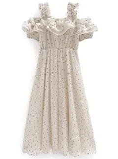 【GRL】ドット柄フリルオフショルダーフレアロングワンピース[ru1165]