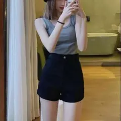 黒デニムハイウエストショートパンツ M
