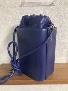 ネイビー レザー 巾着型ショルダーバッグ