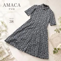 美品◎AMACA アマカ リバティ シャツワンピース 38 半袖 花柄 ブルー