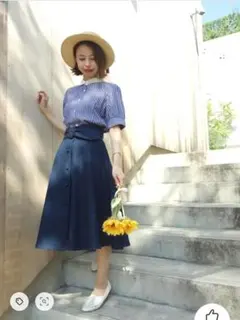 美品サッシュベルト付きデニムフレアースカートan another angelus