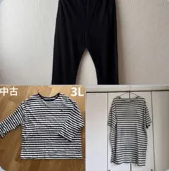 ルームウェア 3L相当 ボーダーTシャツ＆コムサデモード黒パンツの2点セット